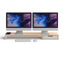 Eyes9 – Drewniana podstawka pod dwa monitory z uniwersalnym bezprzewodowym systemem ładowania urządzeń, kolor biały