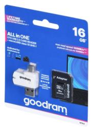 Karta pamięci z adapterem i czytnikiem kart GoodRam All in one M1A4-0160R12 (16GB; Class 10; Adapter, Czytnik kart MicroSDHC, Karta pamięci)